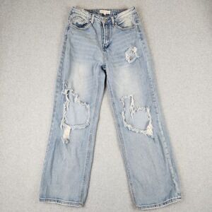 Almost Famous Womens Light Wash Distressed Wide Leg Jeans Size 5 High Rise 97230